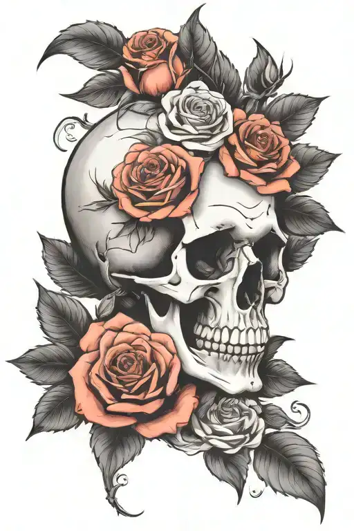 skull and roses, black and white, realistic tattoo design idea
