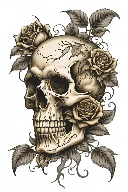 skull and roses, black and white, realistic, smoke, no lines tattoo design idea