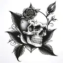 skull with rose, realistic tattoo, black and white tattoo design idea