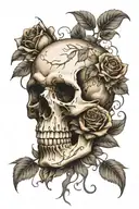 skull and roses, black and white, realistic, smoke, no lines tattoo design idea
