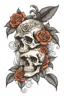 skull and roses, black and white, realistic, smoke, no lines tattoo design idea