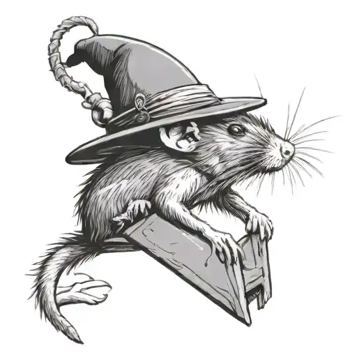 a rat, falls from the roof whit a vietnamese hat surrounded tattoo design idea