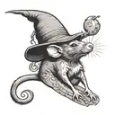 a rat, falls from the roof whit a vietnamese hat surrounded tattoo design idea