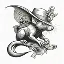 a rat, falls from the roof whit a vietnamese hat surrounded tattoo design idea