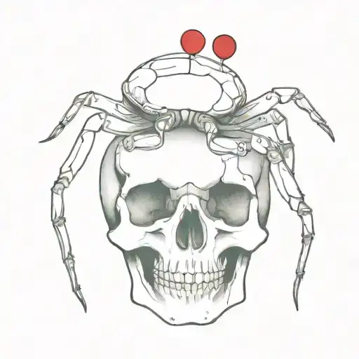a tiny red crab on top of a human skull with a tiny heart hovering on top tattoo design idea