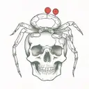 a tiny red crab on top of a human skull with a tiny heart hovering on top tattoo design idea