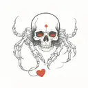 a tiny red crab on top of a human skull with a tiny heart hovering on top tattoo design idea