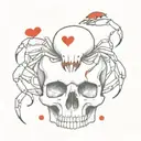 a tiny red crab on top of a human skull with a tiny heart hovering on top tattoo design idea