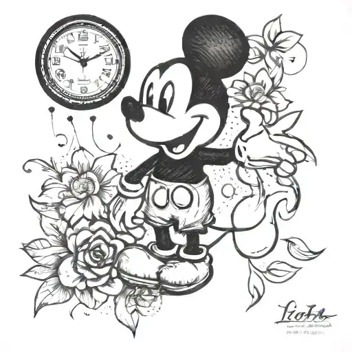 Mickey Mouse with clock and date name Lena abd hearts tattoo design idea