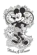 Mickey Mouse with clock and date name Lena abd hearts tattoo design idea