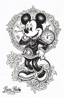 Mickey Mouse with clock and date name Lena abd hearts tattoo design idea