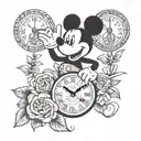 Mickey Mouse with clock and date name Lena abd hearts tattoo design idea