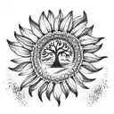 sunflower with tree of life with mountains in the back ground and waves tattoo design idea