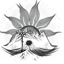 sunflower with tree of life with mountains in the back ground and waves tattoo design idea