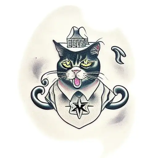 black cat, cowboy, Texas, pistol  tattoo design idea