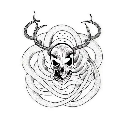 snake wraped around a deer skull tattoo design idea