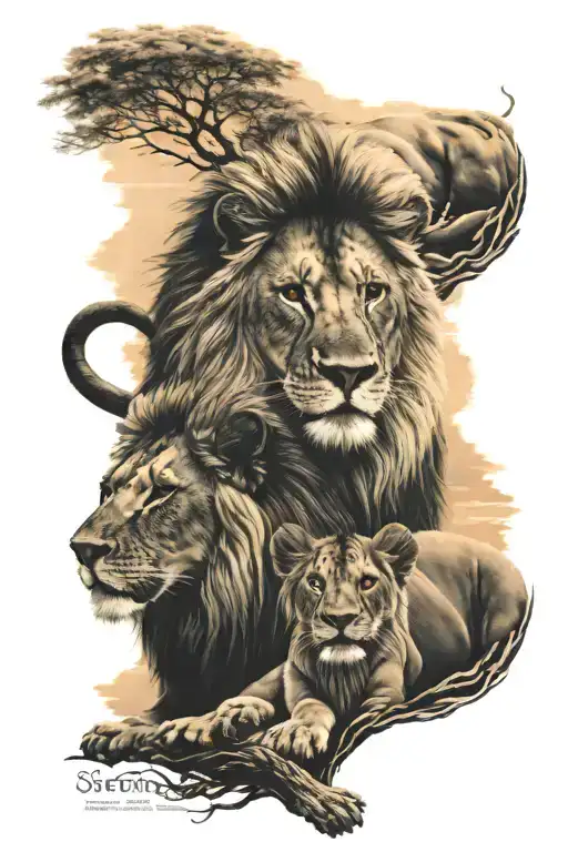 A lion family with sunset jesus and Neymar Jr full sleevee  tattoo design idea