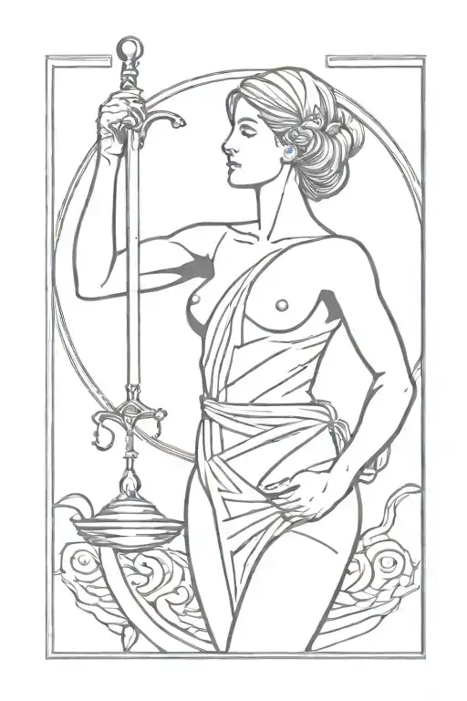 Themis blindfolded holds a sword in his hand whose blade is lowered down, money and heart on the scale tattoo design idea