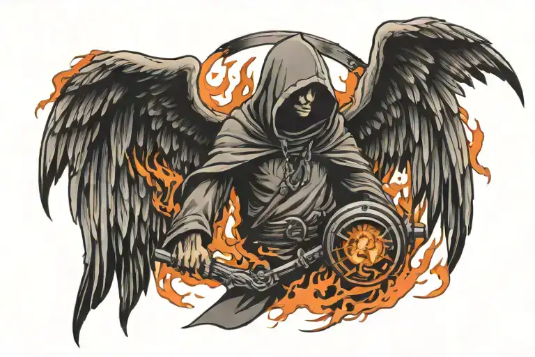 hooded angel keeps watch surrounded by fire flames tattoo design idea