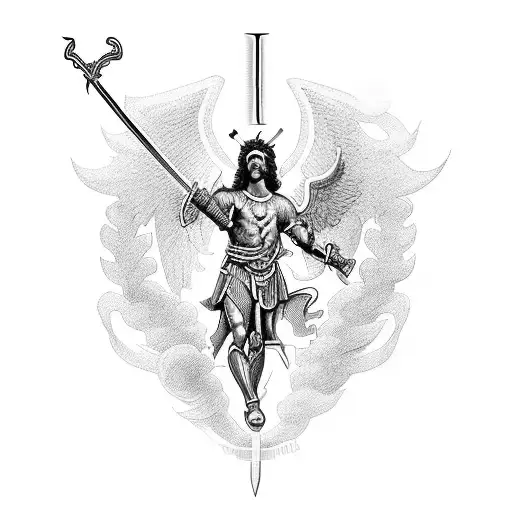 An blackwork tattoo of St. Michael protecting a life with his sword tattoo design idea