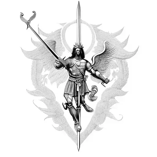 An blackwork tattoo of St. Michael protecting a life with his sword tattoo design idea