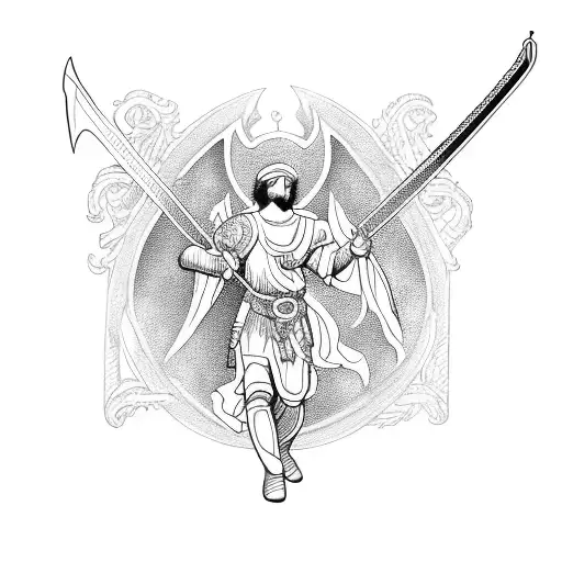 An intricate blackwork tattoo of St. Michael protecting a life with his sword tattoo design idea