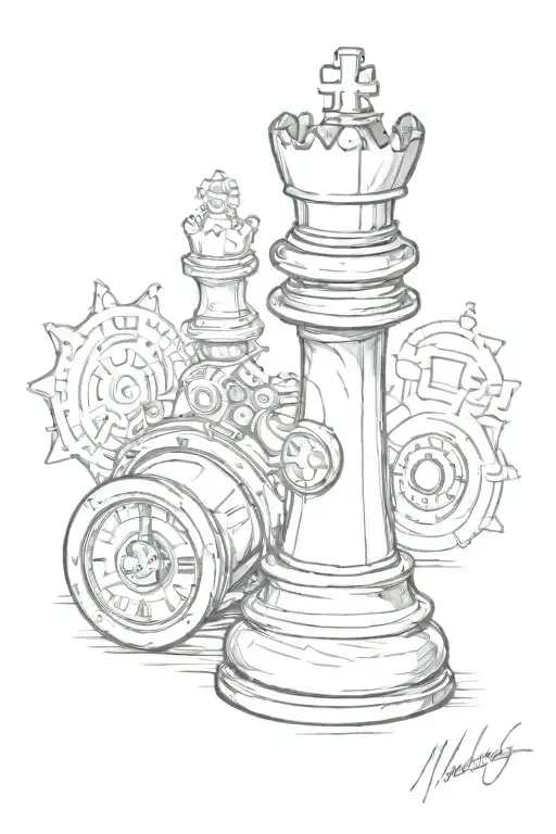 Chess piece The King with hidden clock mechanism inside, with a lot of crown wheels tattoo design idea