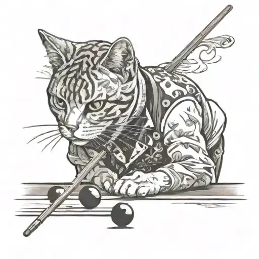 cat playing snooker on snooker table with cue  tattoo design idea