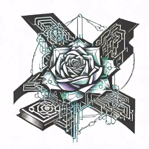 crystal rose coming out of an open book surrounded by motherboard wires tattoo design idea