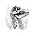 A primal-themed tattoo depicting a majestic dinosaur skeleton surrounded by lush vegetation tattoo design idea