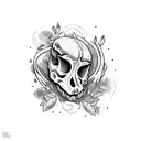 A primal-themed tattoo depicting a majestic dinosaur skeleton surrounded by lush vegetation tattoo design idea