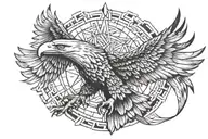 Mexican eagle flying, with opened wings, in black and white, it is with geometric strokes in pencil tattoo design idea