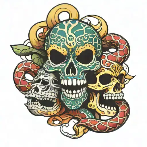 mask snake and skull tattoo design idea