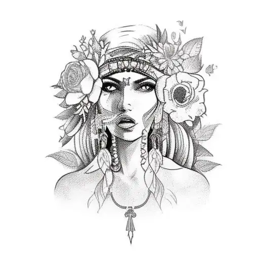 An old school tattoo design of a mysterious gypsy surrounded by a bouquet of exotic flowers tattoo design idea