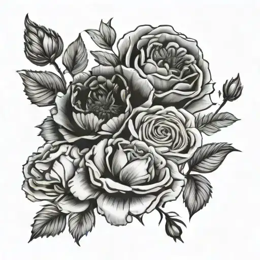 carnation, white rose, honeysuckle and poppy flowers in black and white tattoo design idea