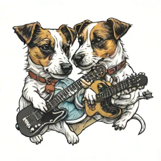 2 jack russell terriers back to back, one playing a telecaster, the other playing an old time banjo tattoo design idea