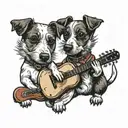 2 jack russell terriers back to back, one playing a telecaster, the other playing an old time banjo tattoo design idea