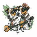 2 jack russell terriers back to back, one playing a telecaster, the other playing an old time banjo tattoo design idea