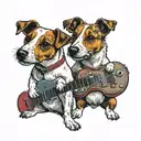 2 jack russell terriers back to back, one playing a telecaster, the other playing an old time banjo tattoo design idea