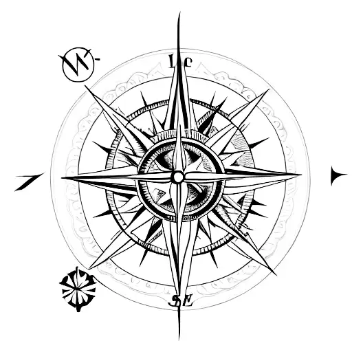 A travel-themed tattoo with a sun, water waves, mountains, and a compass rose tattoo design idea