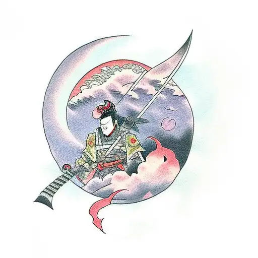 Blood moon over a samurai with stormy clouds, blood dripping off the katana. tattoo design idea