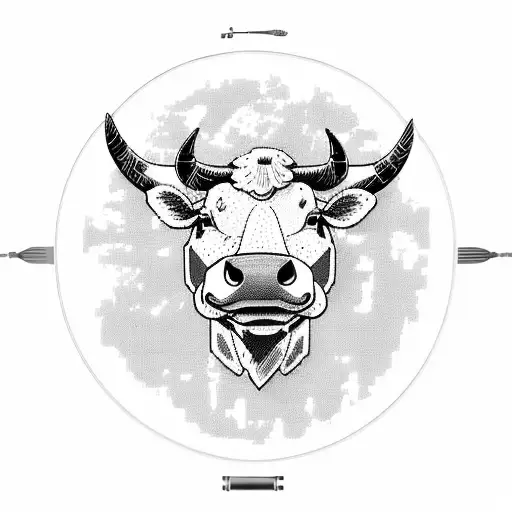 A cow wearing a Raider football helmet surrounded by cross stitch patterns tattoo design idea