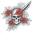 spartan helmet and shield and spear and skull and rose background tattoo design idea