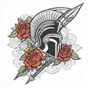 spartan helmet and shield and spear and skull and rose background tattoo design idea