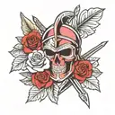 spartan helmet and shield and spear and skull and rose background tattoo design idea