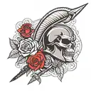 spartan helmet and shield and spear and skull and rose background tattoo design idea