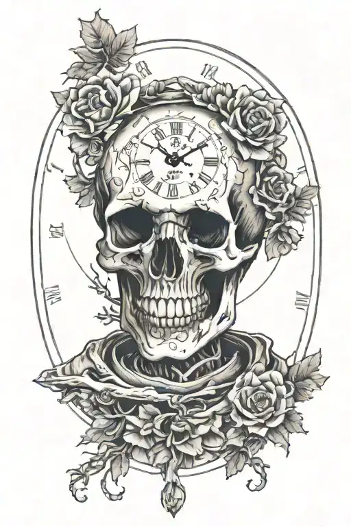 skull clock face tree aging woman tattoo design idea