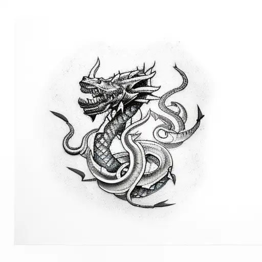 a ragnarok themed tattoo, the sea serpent jormungandr is curves around the arm of the tattoo tattoo design idea