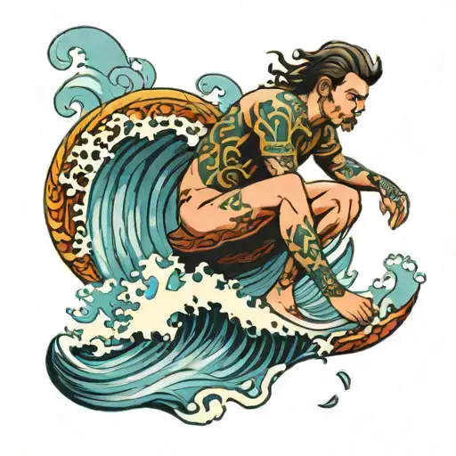 person sitting on ocean wave tattoo design idea