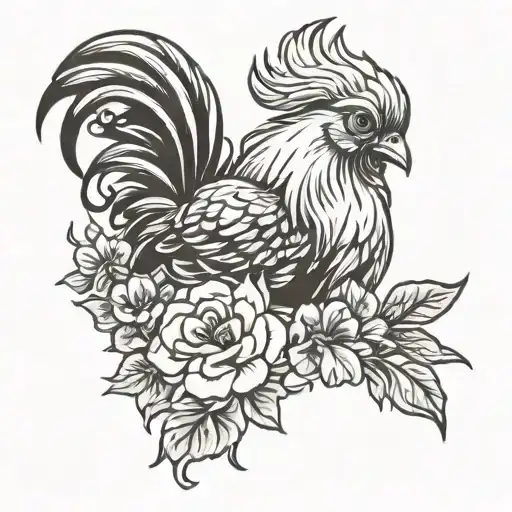 silkie chicken floral tattoo design idea